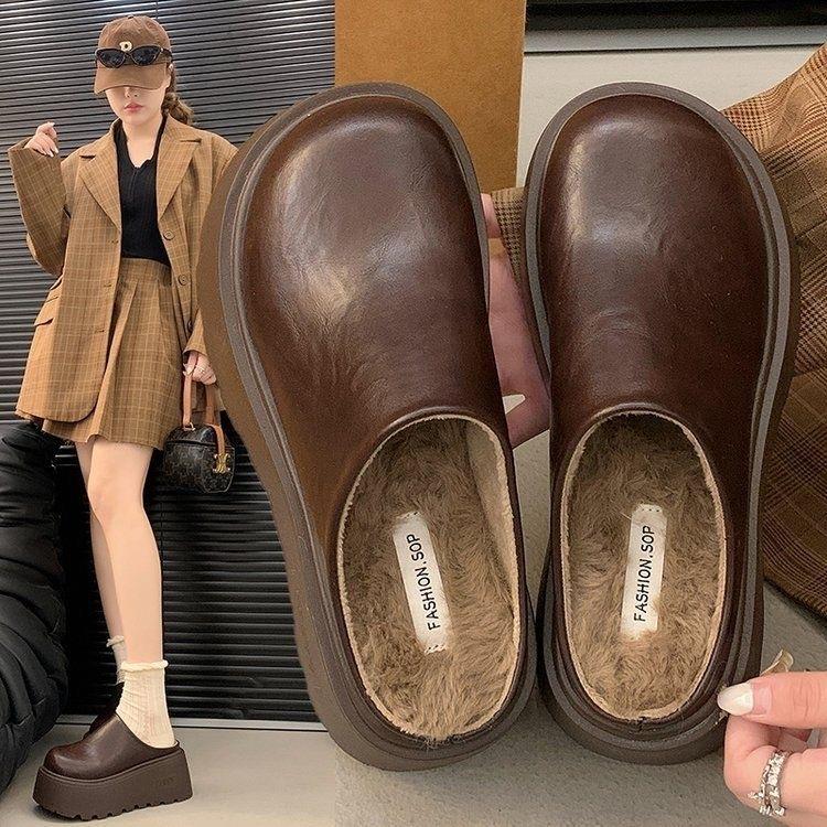 8CM～加绒厚底增高小个子包头博肯鞋秋冬外穿2025新款覆古半拖鞋