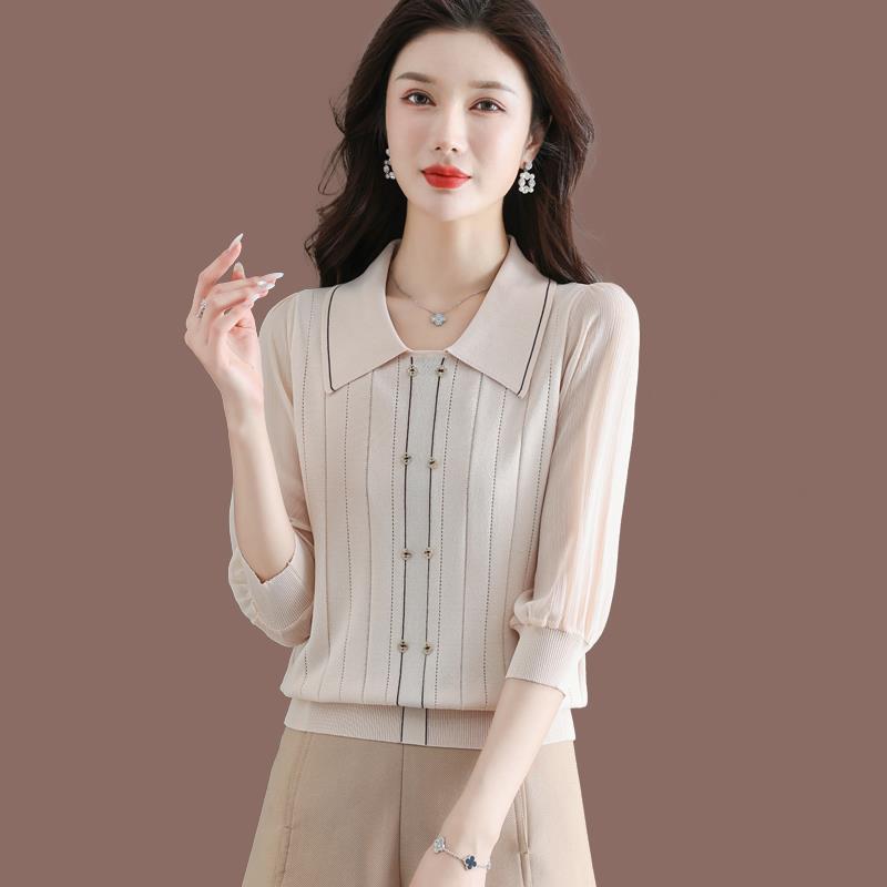 小清新娃娃领网纱袖桑蚕丝针织衫女短款春装新款薄款上衣春秋洋气