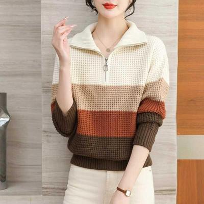 春秋季条纹加厚毛衣女冬季翻领外穿妈妈半拉链针织衫宽松洋气上衣