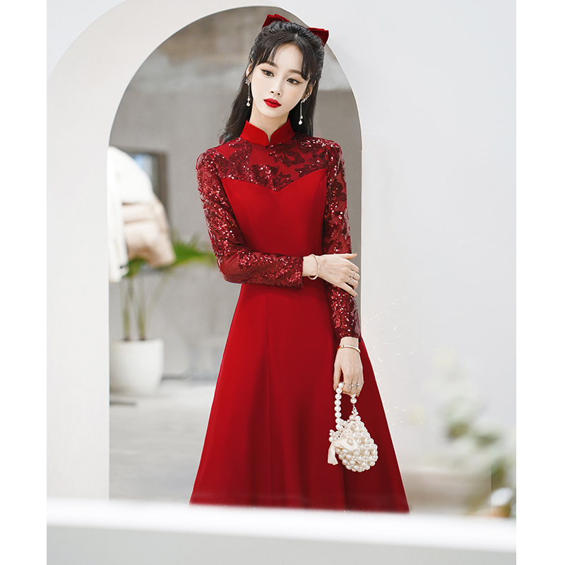 酒红色晚礼服女长袖气质高端妈妈婚宴装连衣裙中式新娘敬酒服长款_虎窝淘