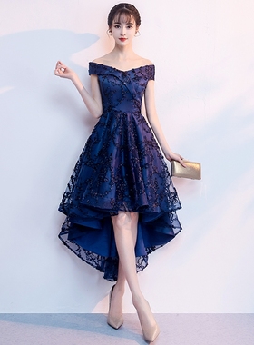 一字肩晚礼服女2025新款宴会高贵气质轻奢前短后长蓝色妈妈婚宴装