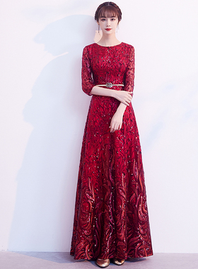红色晚礼服裙女气质高端合唱演出服宴会主持人夏季长款新娘敬酒服