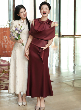 酒红色喜婆婆婚宴装小个子高贵年轻妈妈装结婚礼服高端婚礼连衣裙