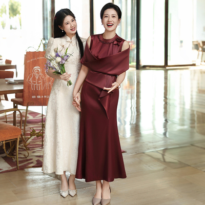 酒红色喜婆婆婚宴装小个子高贵年轻妈妈装结婚礼服高端婚礼连衣裙