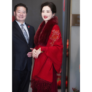 红色披肩外搭高端冬季结婚搭配旗袍妈妈装秋冬喜婆婆礼服外套带袖