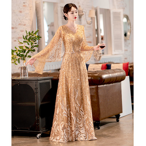 金色年会晚礼服高级感飞袖长款