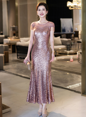 紫色亮片晚礼服女高级感轻奢小众高端年会宴会妈妈婚宴装小个子