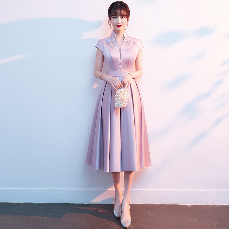 粉色妈妈装婚宴礼服女高级感高端婚礼小个子中式敬酒服旗袍连衣裙