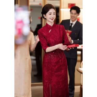 红色喜婆婆婚宴装旗袍2026新款新中式年轻妈妈结婚礼服高贵小个子