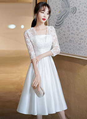 白色领证登记小白裙女平时可穿小个子轻婚纱缎面小礼服订婚连衣裙
