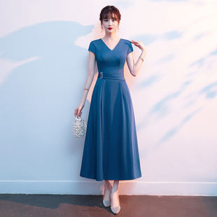 蓝色晚礼服女平时可穿气质宴会高端妈妈婚宴装 轻奢赫本风夏季 长款
