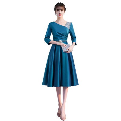 蓝色夏季长袖高级质感婚宴晚礼服