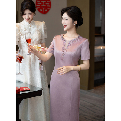 粉紫色喜婆婆婚宴装高端大气高贵年轻小个子妈妈婚礼礼服平时可穿