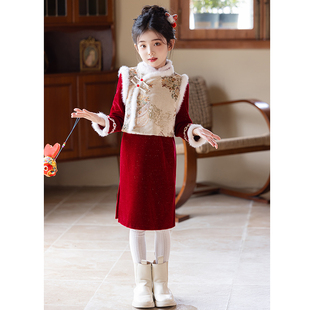 女童拜年服过年秋冬保暖加绒中式国潮风复古高级感儿童礼服旗袍裙