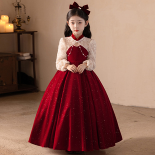 女童晚礼服秋冬长袖红色丝绒高端花童公主裙晚会小主持人钢琴表演