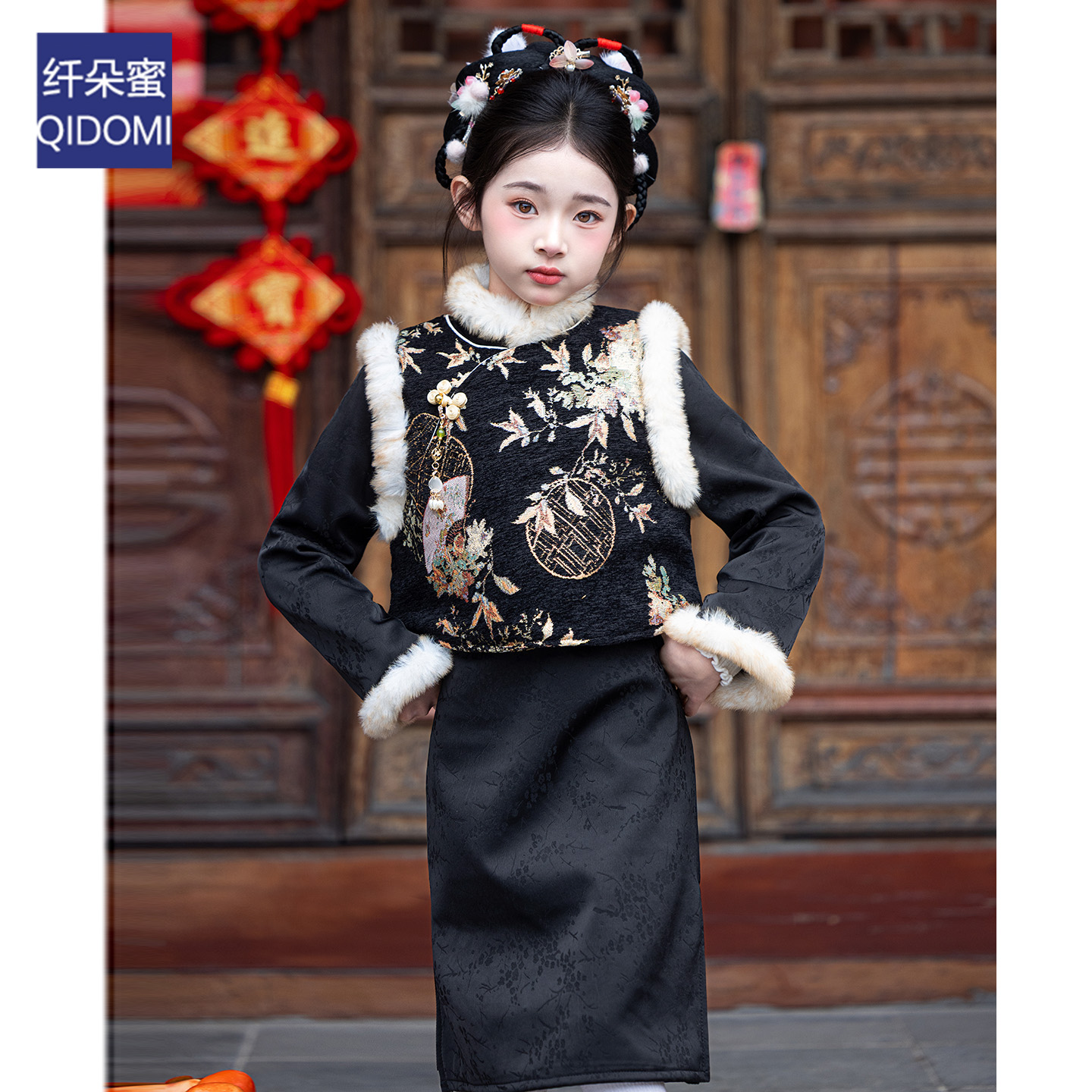 女童旗袍裙2025新款冬季加厚款毛领过年拜年服新年棉袄儿童连衣裙