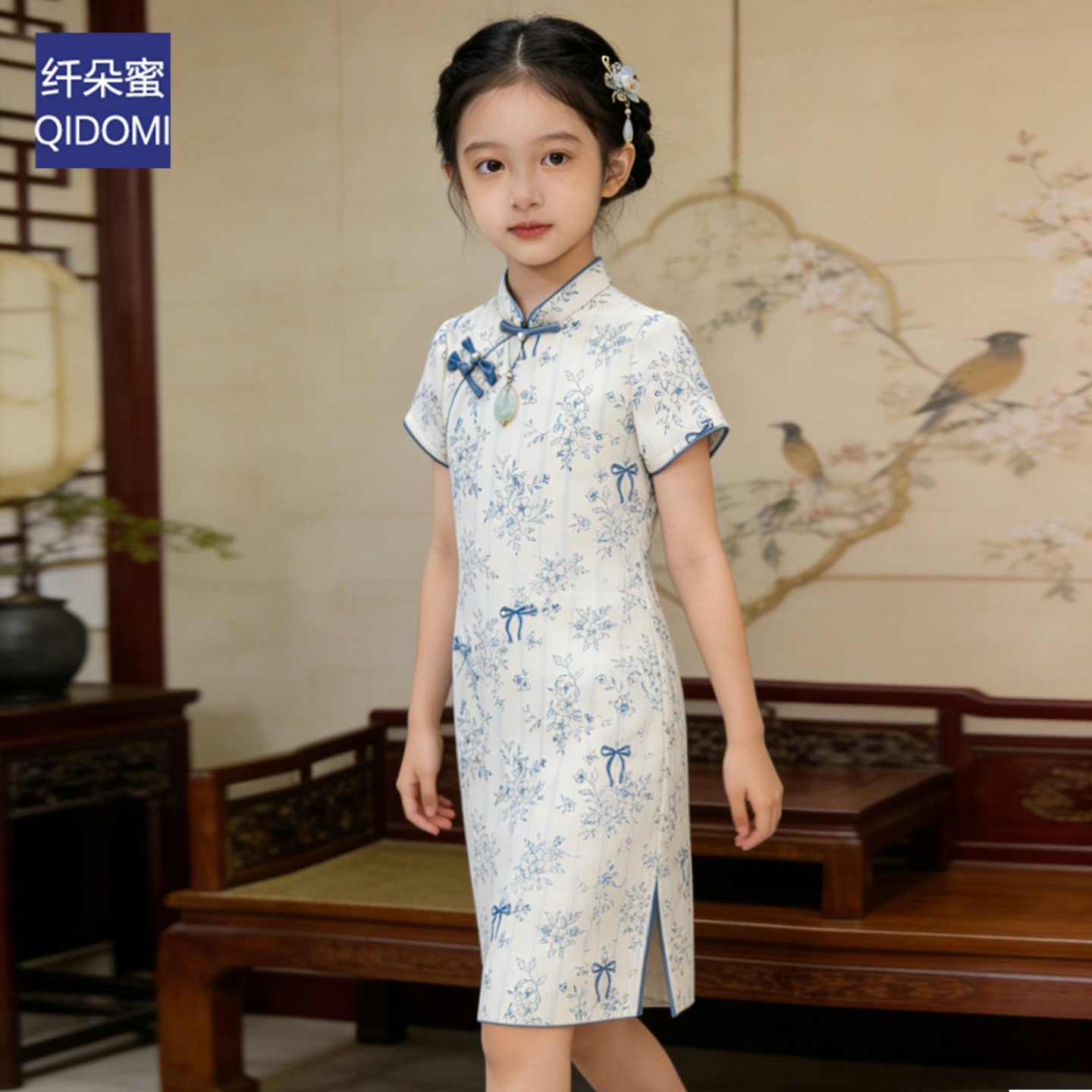 新中式女童旗袍裙春夏季复古中国风青花瓷节目表演公主儿童演出服