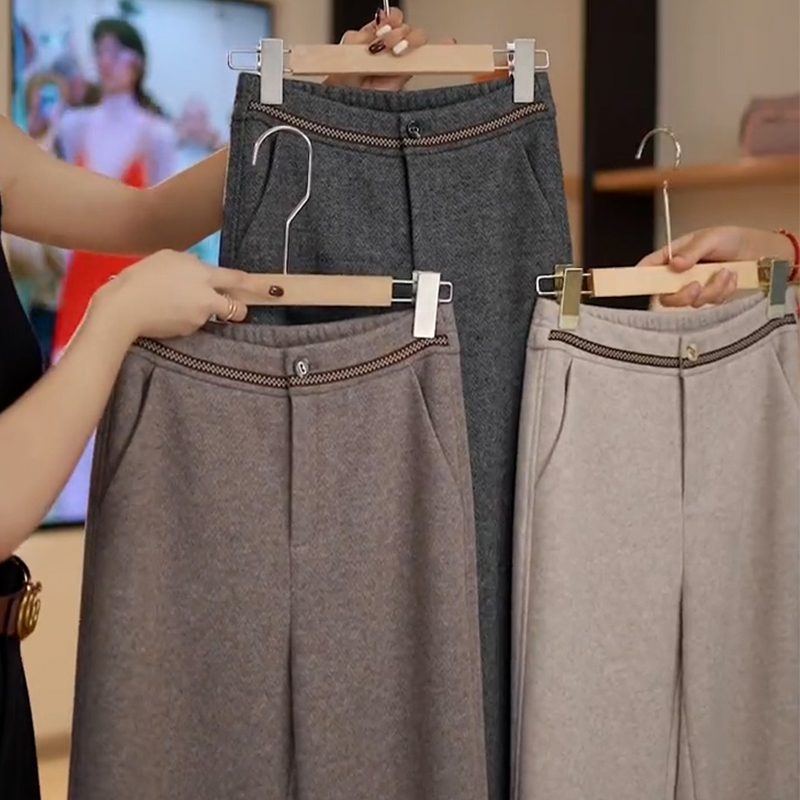 高档羊毛呢阔腿裤女长裤秋冬加绒窄版软糯米裤羊绒休闲直筒西装裤