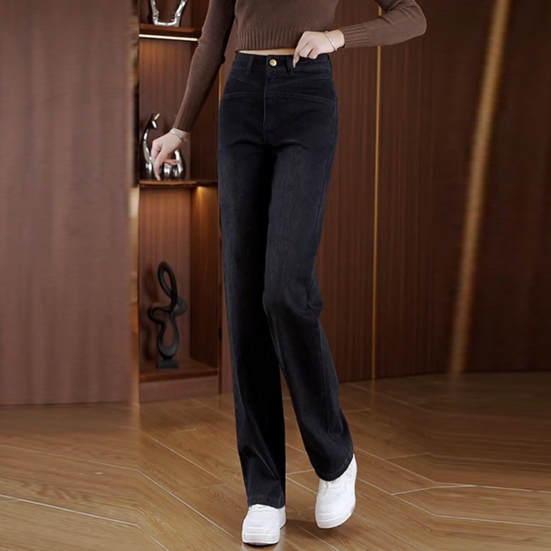 高档黑色垂顺柔软阔腿牛仔裤女长裤春秋新款高腰黑色小个子直筒裤