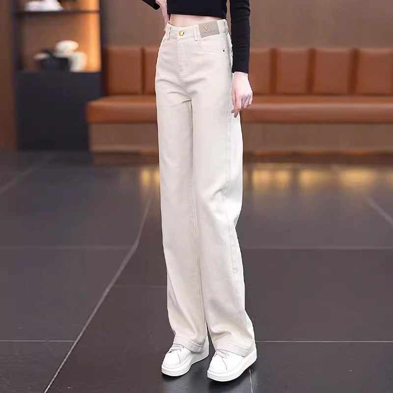 高档纯棉白色九分裤女高腰窄版直筒牛仔裤春秋薄款长裤显瘦阔腿裤