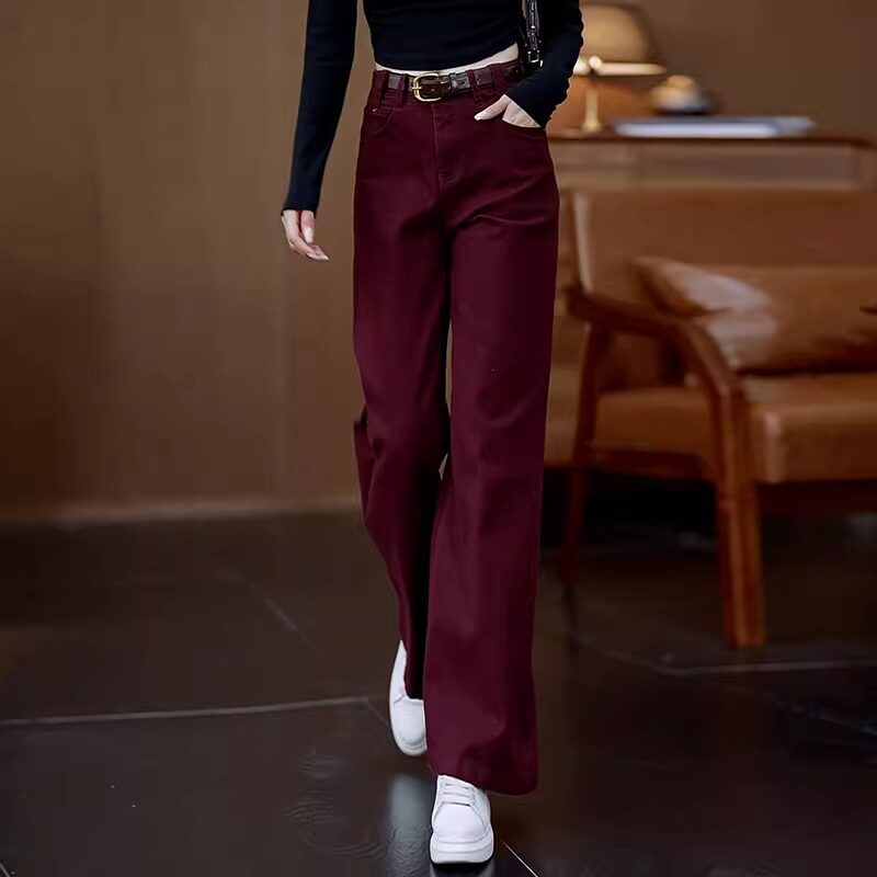 高档高级感安可拉红色牛仔阔腿裤女长裤秋冬加绒设计感拖地直筒裤