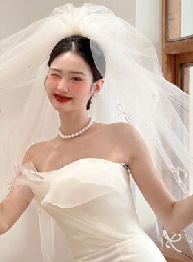 超仙蝴蝶结珍珠网纱头纱新娘结婚头饰婚礼拍照写真氛围感头纱