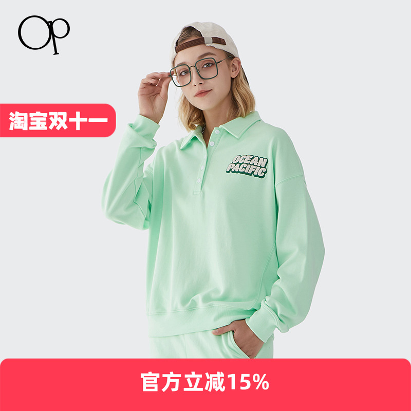Ocean Pacific长袖polo衫女款op套头运动女子设计感翻领上衣