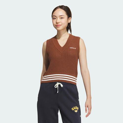 Adidas/阿迪达斯 女子三叶草针织运动修身V领背心马甲 JD5802
