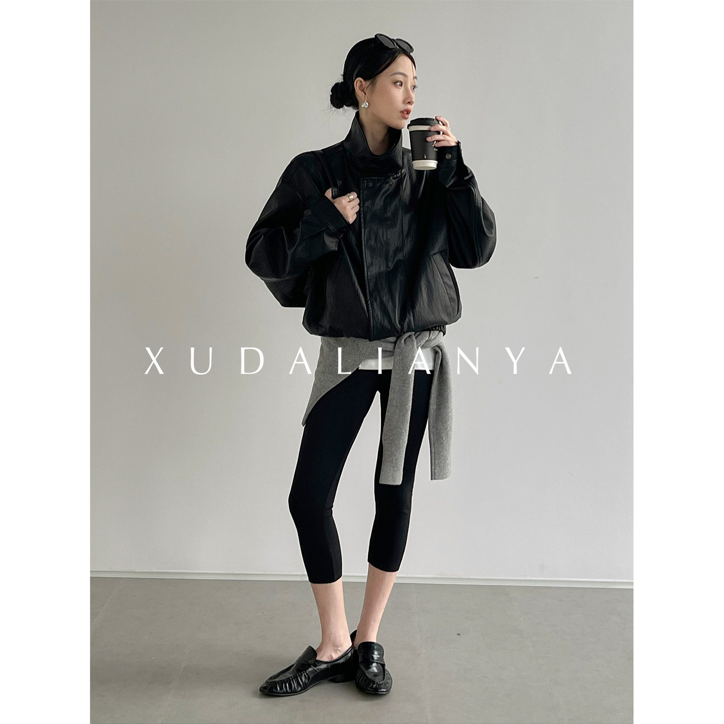 徐大脸吖定制 美式复古廓形黑色软糯pu皮衣秋季立领夹克短外套女