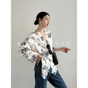 花衬衫 徐大脸吖定制 艺术感插画印花上衣女春黑白宽松慵懒感长袖