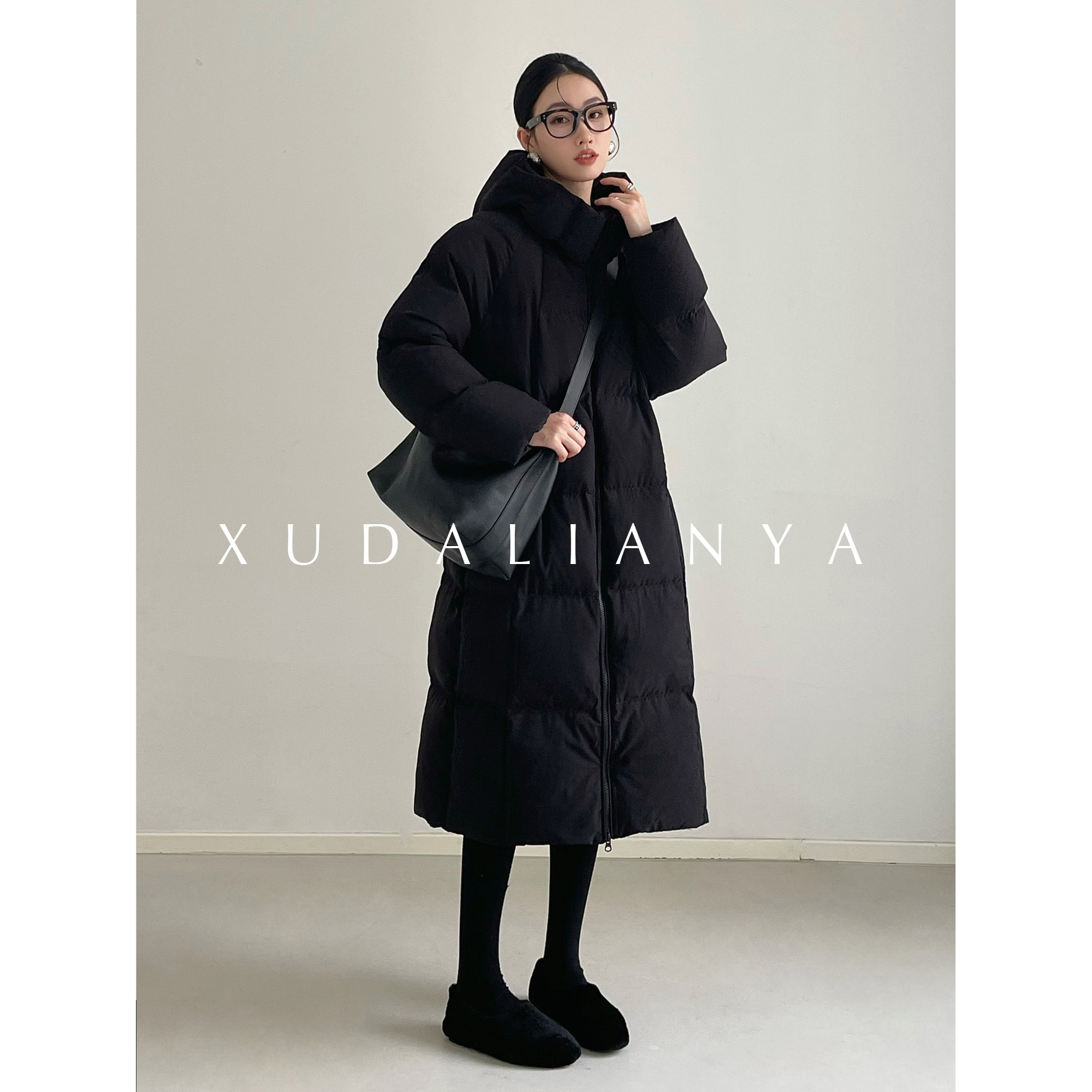 徐大脸吖定制 冬季保暖白鸭绒外套冬女泡芙连帽中长款羽绒服