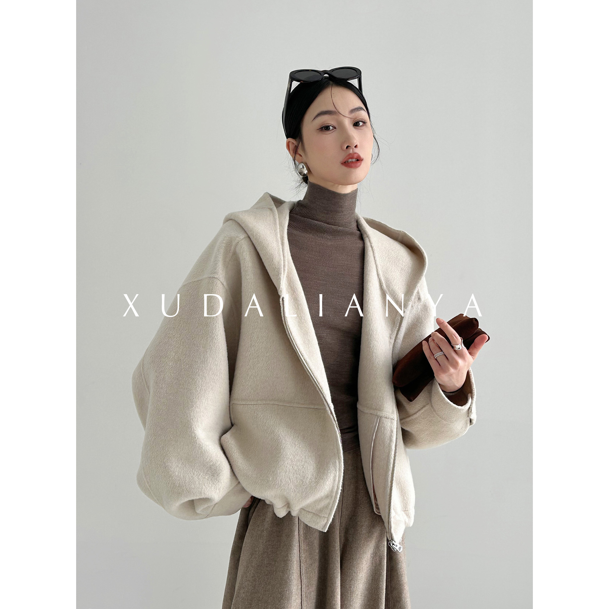 徐大脸吖定制 美式复古松弛感羊毛呢短外套冬休闲廓形连帽外套女