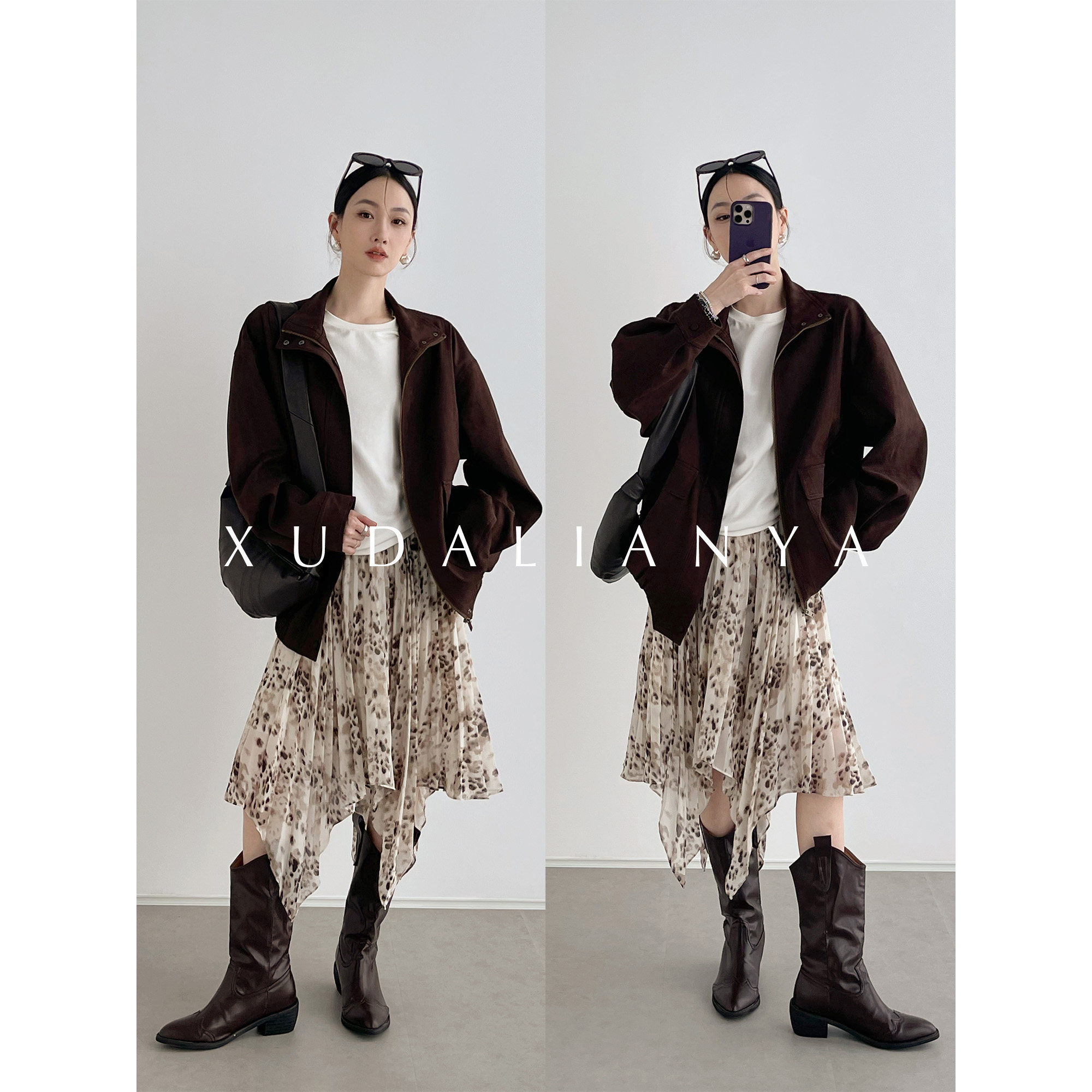 徐大脸吖定制 美式复古松弛感夹克秋季美拉德立领麂皮绒短外套女图片