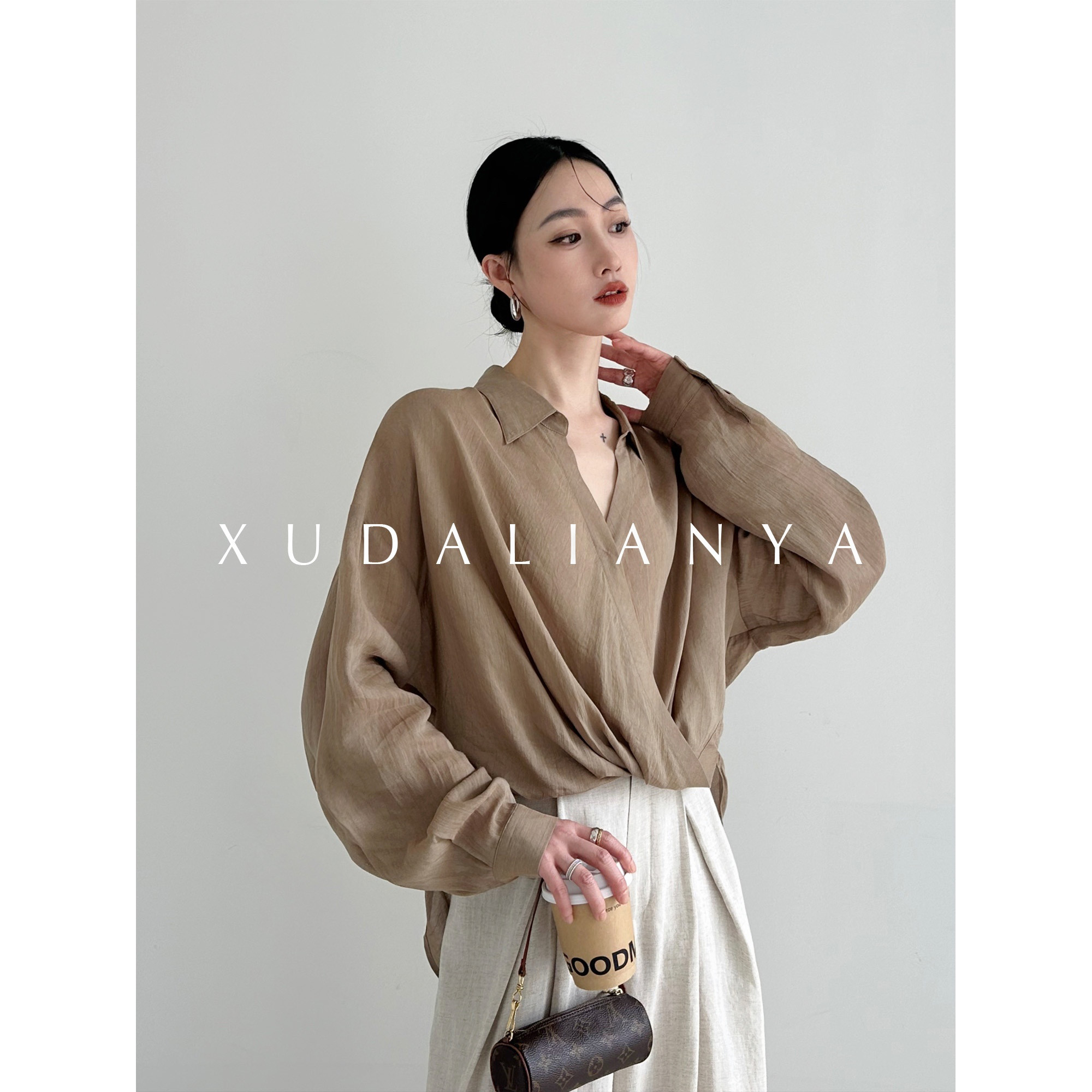 徐大脸吖定制 松弛感天丝亚麻扭结上衣夏女薄款小众设计长袖衬衫