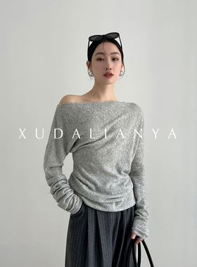 徐大脸吖定制 淡人气质上衣天丝羊毛春韩系一字露肩收腰针织衫女