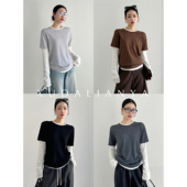 羊毛针织衫 徐大脸吖定制 撞色拼接假两件T恤秋上衣内搭外穿长袖 女