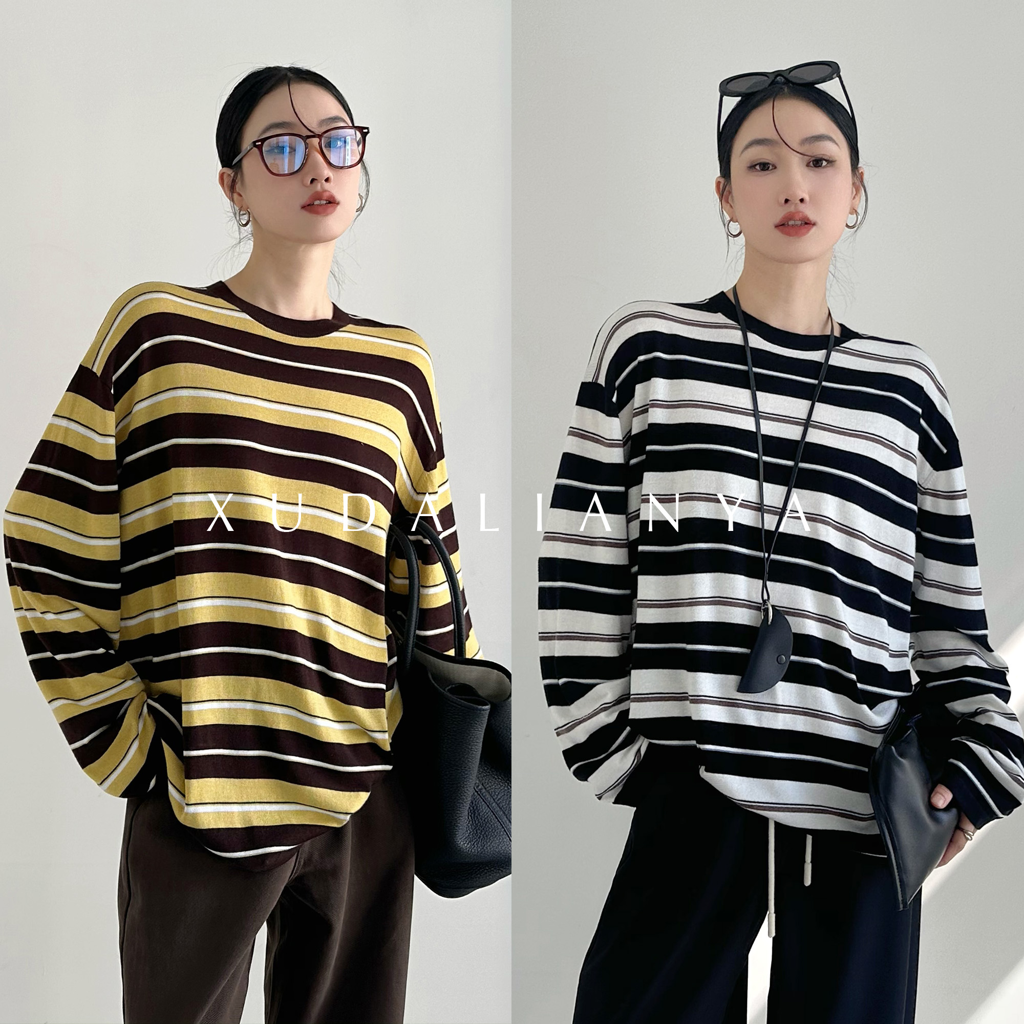 徐大脸吖定制 复古撞色条纹桑蚕丝羊毛春秋宽松廓形针织衫上衣女