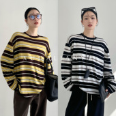 徐大脸吖定制 复古撞色条纹桑蚕丝羊毛春秋宽松廓形针织衫 上衣女