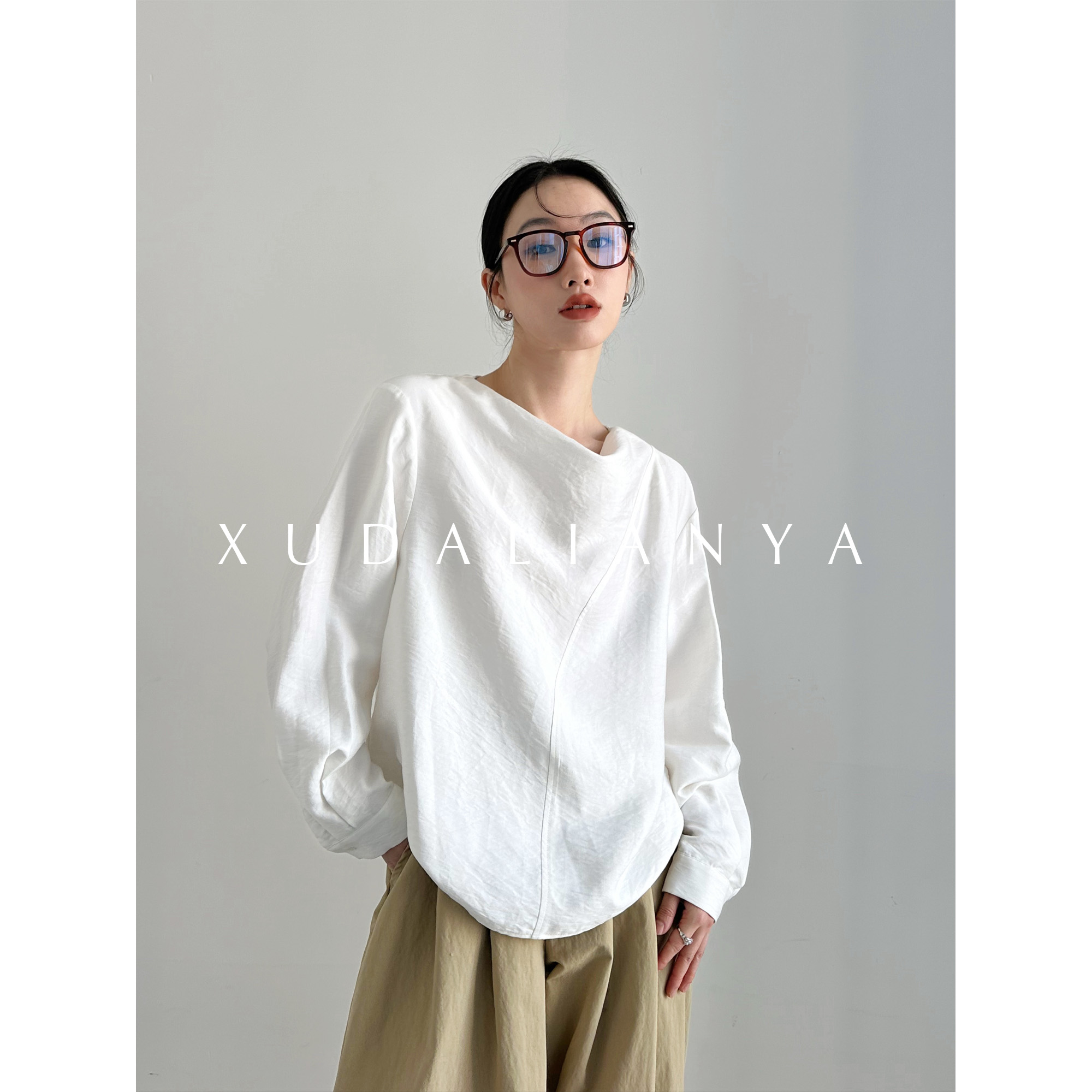 徐大脸吖定制 高智通勤荡领白衬衫早春小众设计感宽松慵懒上衣女