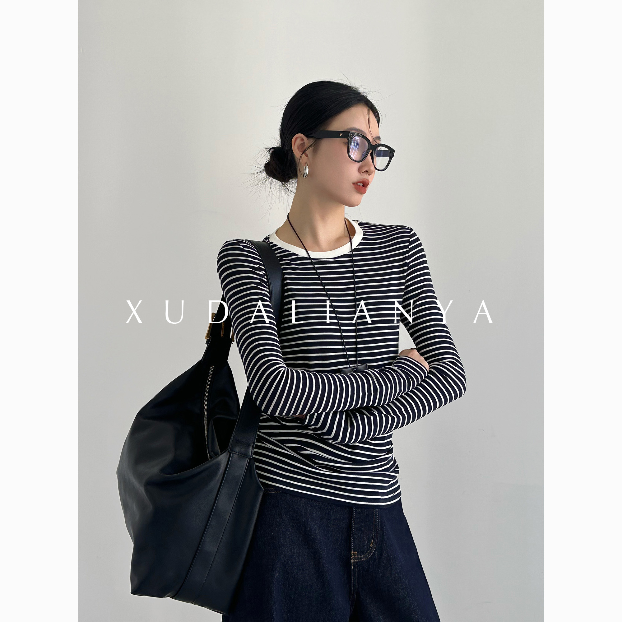 徐大脸吖定制 撞色条纹针织衫上衣春秋天丝羊毛内搭打底外穿T恤女