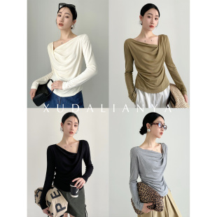 春季 薄针织衫 小众设计感荡领T恤上衣女 裸感羊毛长袖 徐大脸吖定制