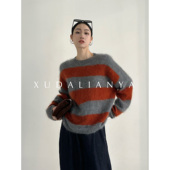 徐大脸吖定制 6羊绒94羊毛蓬松拉毛针织衫 秋冬云朵宽松条纹毛衣女