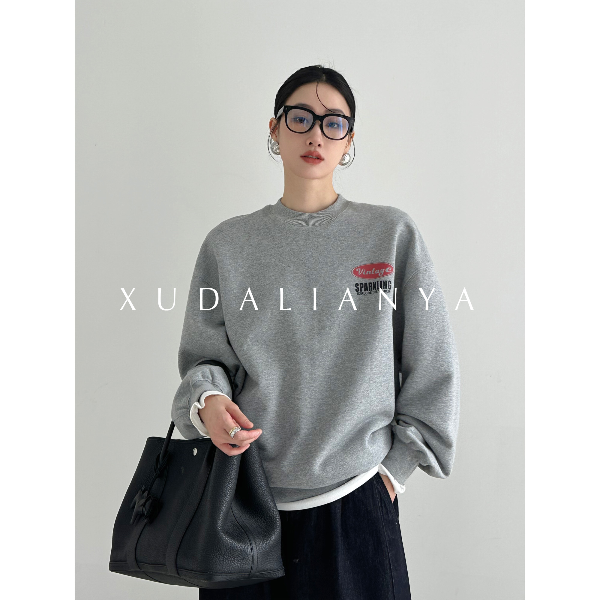 徐大脸吖定制 加绒新疆长绒棉秋冬叠穿复古美式廓形圆领灰卫衣女