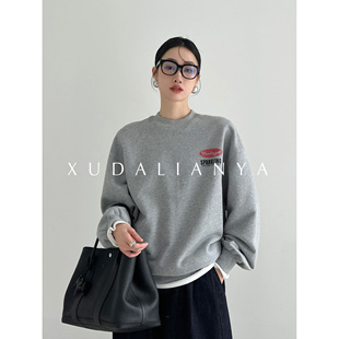 徐大脸吖定制 廓形圆领灰卫衣女 加绒新疆长绒棉秋冬叠穿复古美式