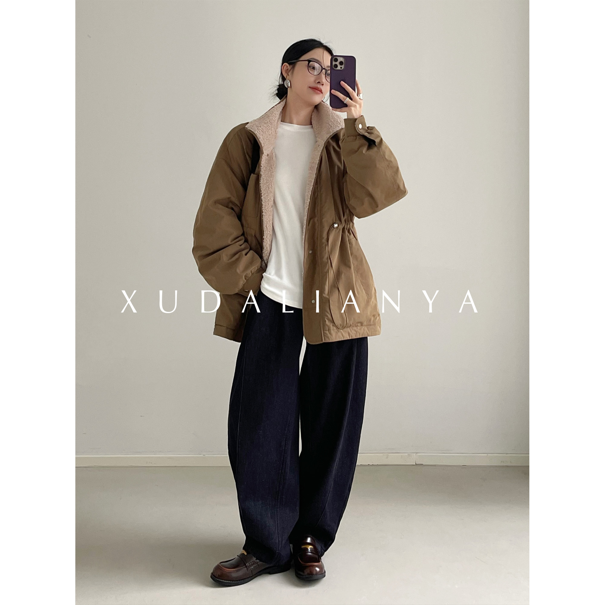 徐大脸吖定制 重磅中古感白鸭绒派克服冬羊羔毛拼接羽绒服外套女