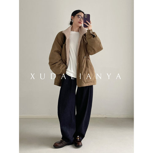 徐大脸吖定制 重磅中古感白鸭绒派克服冬羊羔毛拼接羽绒服外套女