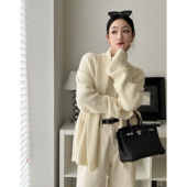 徐大脸吖定制 澳洲全羊毛外套女秋冬慵懒风坑条粗棒针织开衫 毛衣