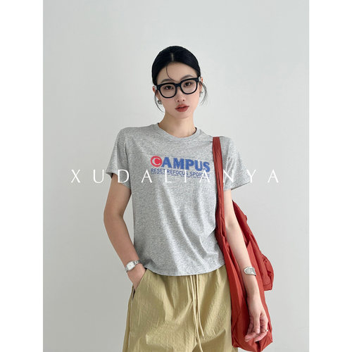 徐大脸吖定制 美式复古撞色字母印花体恤上衣显瘦正肩短袖女t恤夏