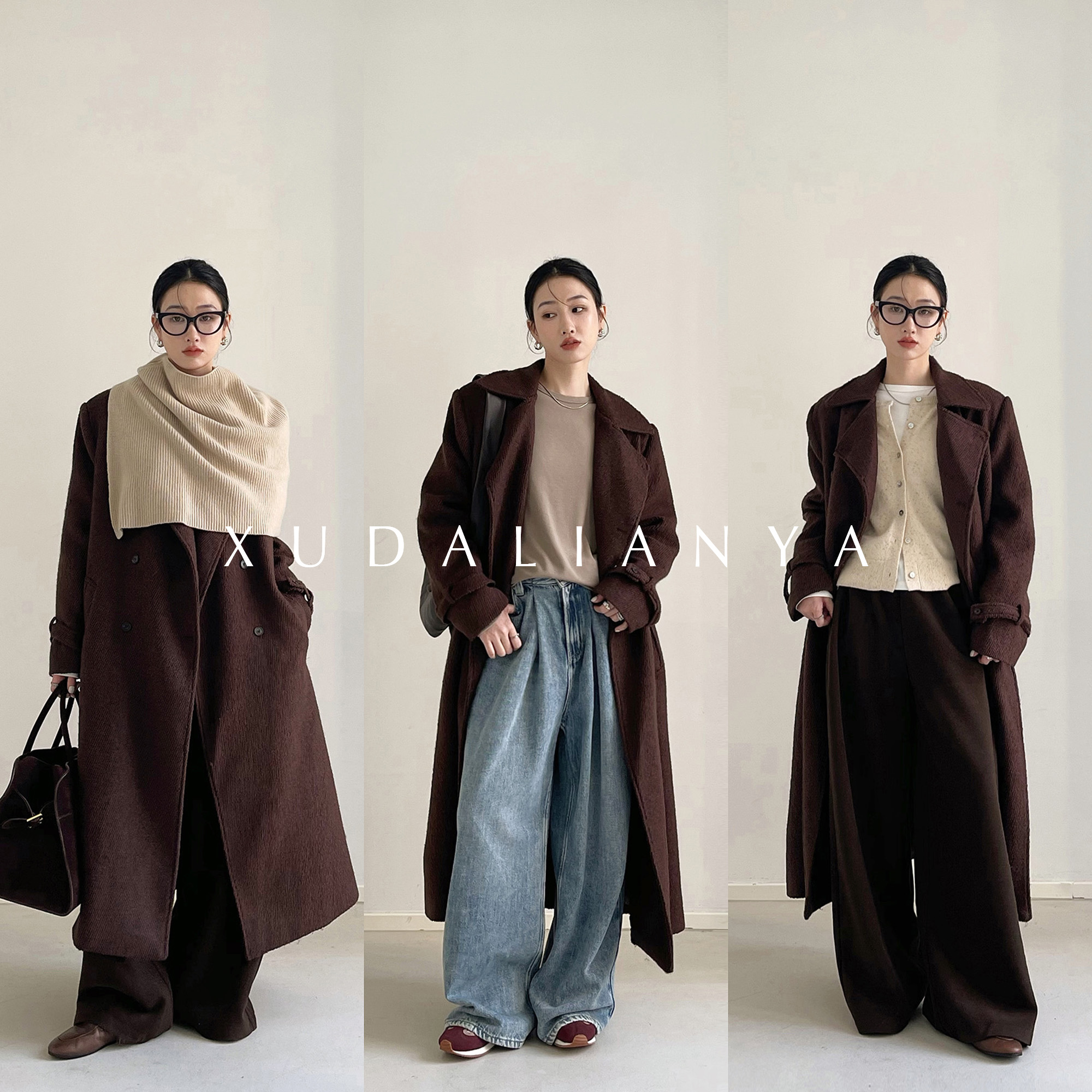 徐大脸吖定制 经典驳领羊毛呢大衣女秋冬气质收腰中长款毛呢外套