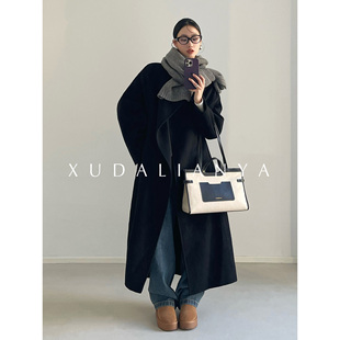 徐大脸吖定制 澳洲羊毛呢子大衣冬女显瘦收腰长款黑色双面呢外套